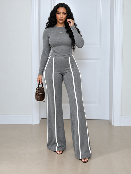 Solid Top & Striped Pants Set