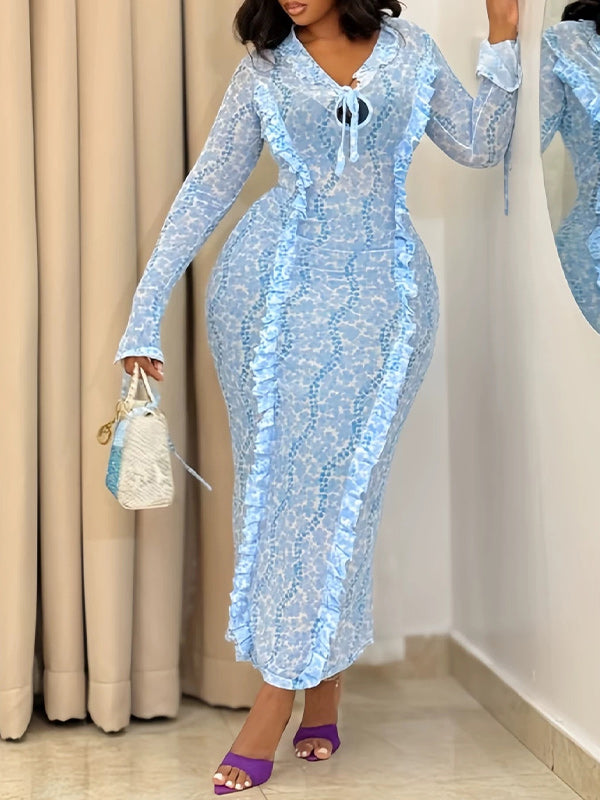 Solid Tied-Front Ruffle Maxi Dress