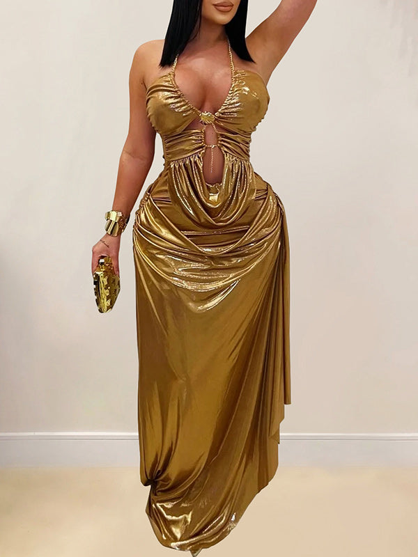 Solid Shiny Halter Ruched Bodycon Dress