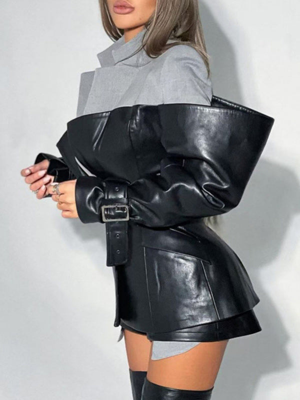 Faux Leather Panel Lapel Jacket