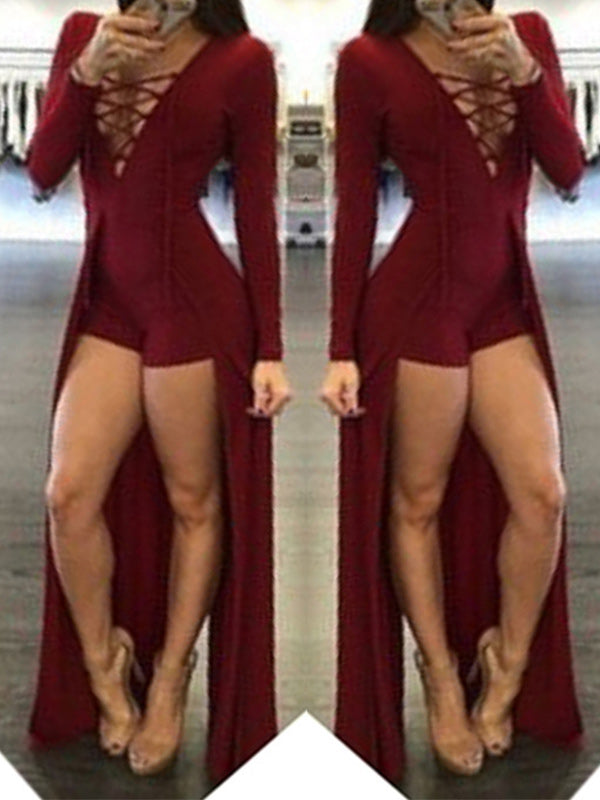 Solid Lace-Up High‑Low Romper
