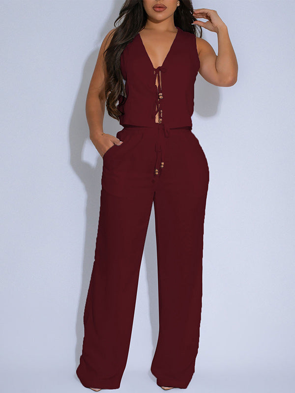 Solid Tie Top & Pants Set