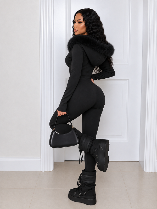 Solid Faux Fur Hood Jumpsuit