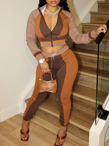 Colorblock Top & Drawstring Pants Set