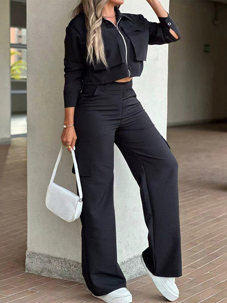 Solid Cropped Jacket & Cargo Pants Set