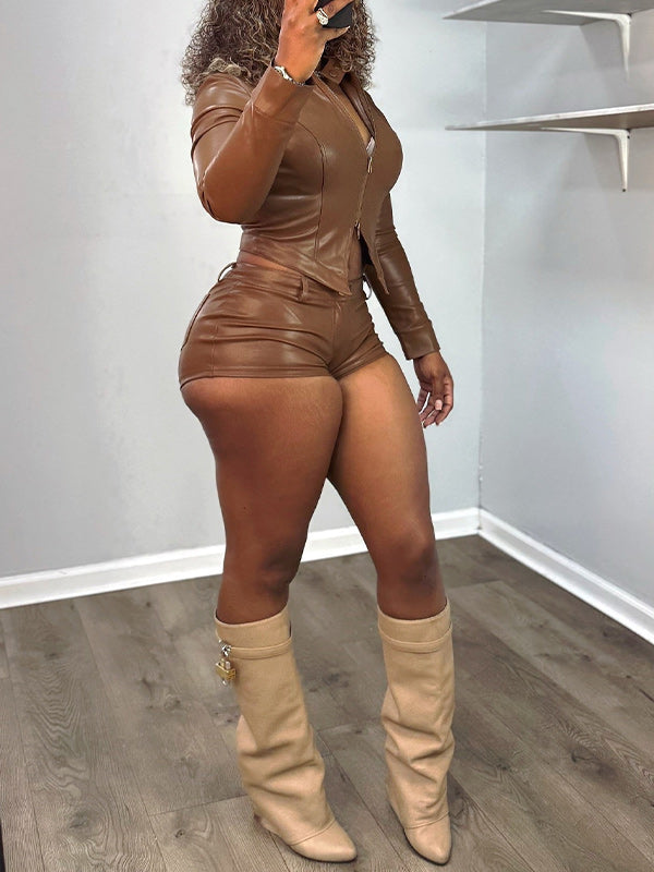 Faux‑Leather Zip‑Up Jacket & Shorts Set