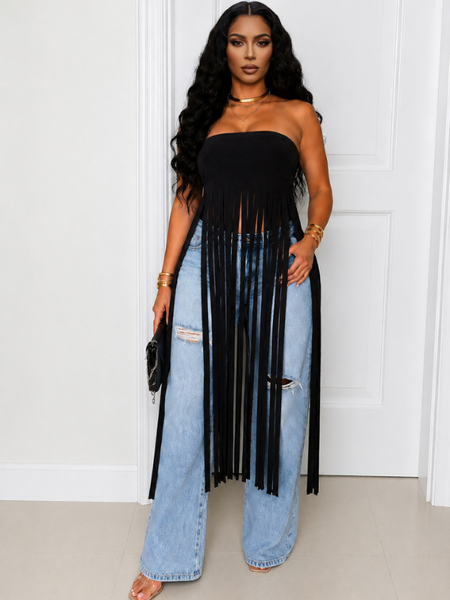 Fringe Strapless Tunic Top