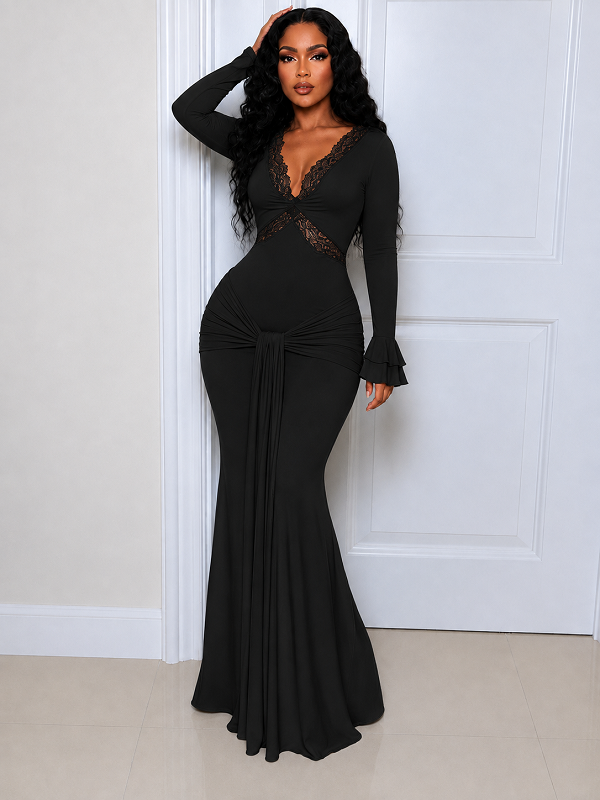 V Neck Lace Combo Maxi Dress