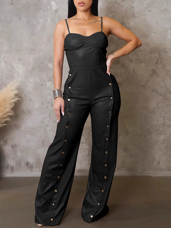 Faux Leather Beaded Cami Jumpsuit