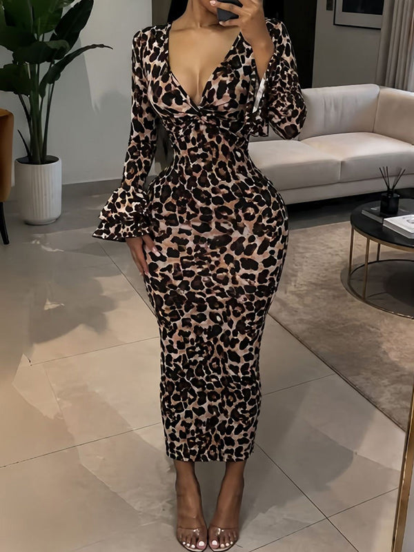 Leopard Print Flare Sleeve Maxi Dress