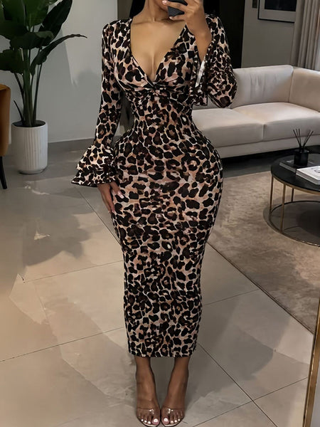 Leopard Print Flare Sleeve Maxi Dress