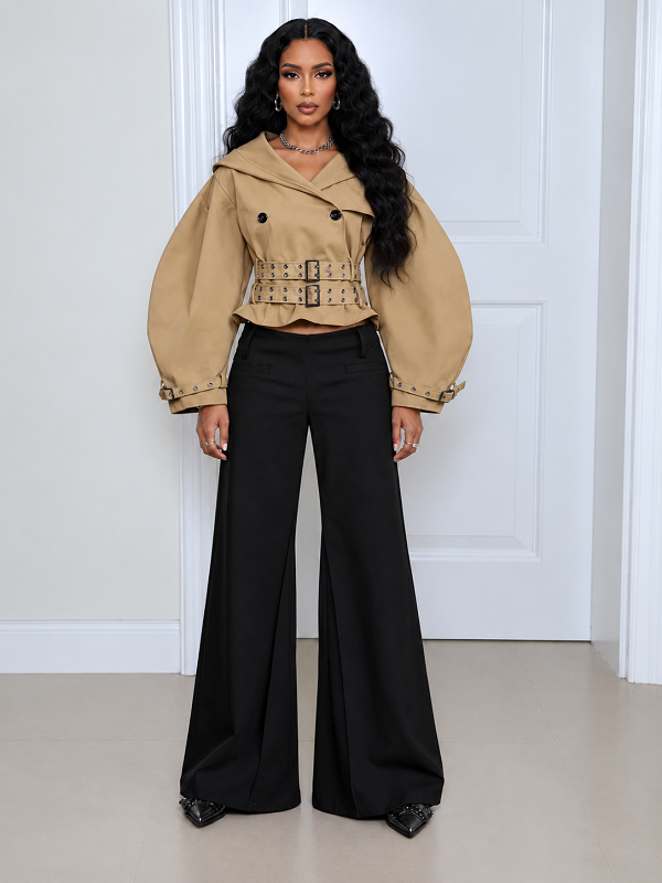 Solid Hooded Belt Waist Jacket