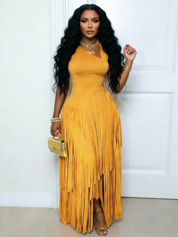 Solid Sleeveless Fringe Dress
