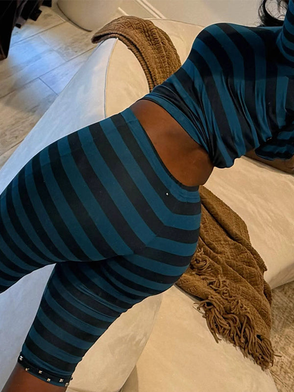 Stripe Stud Hooded Top & Capri Pants Set