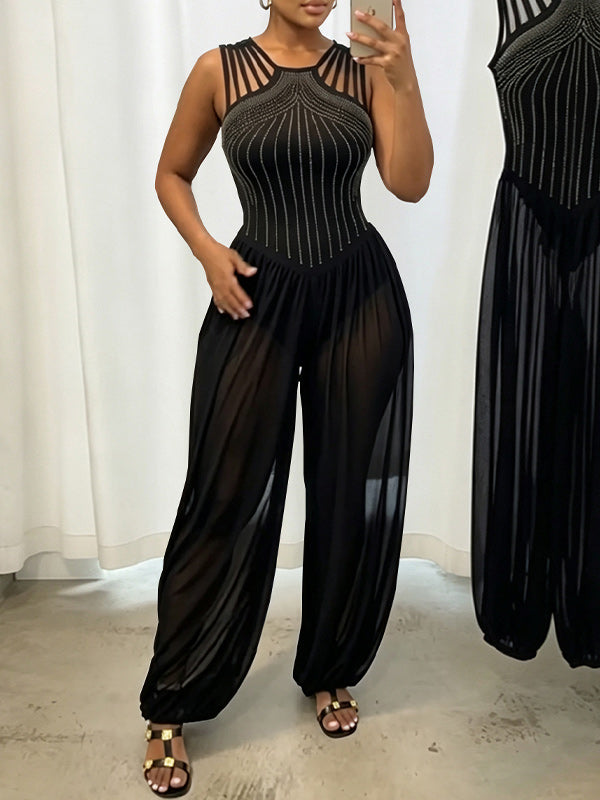 Rhinestone Strappy Mesh Jumpsuit