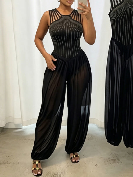 Rhinestone Strappy Mesh Jumpsuit