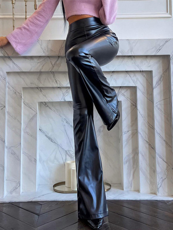 Faux-Leather Shiny Flare Pants