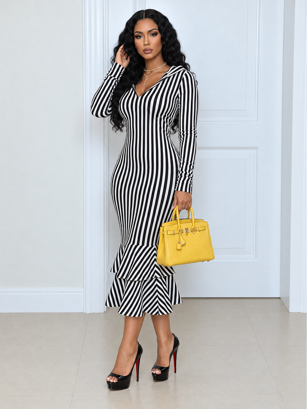 Stripe Hooded Ruffle Dress
