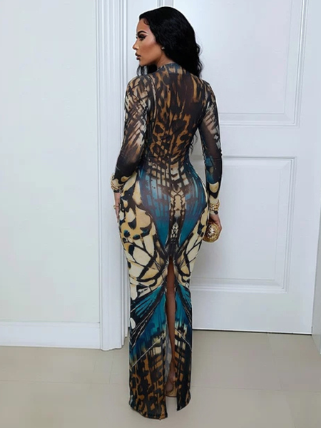 Printed V-Neck Slit Dress