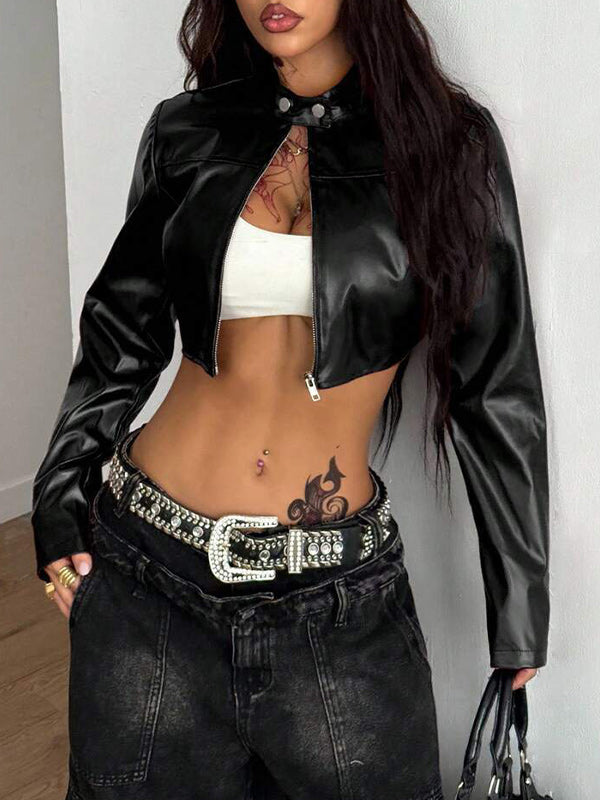 Faux-Leather Zip-Up Cropped Jacket