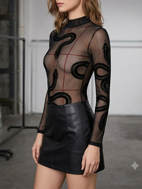 Snake‑Print Mesh Top