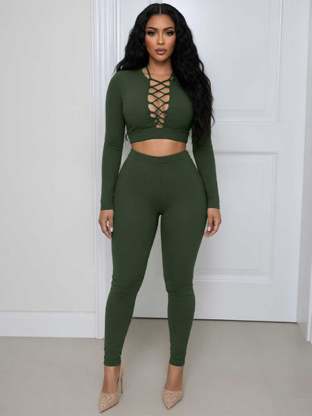 Solid Lace-Up Top & Skinny Pants Set