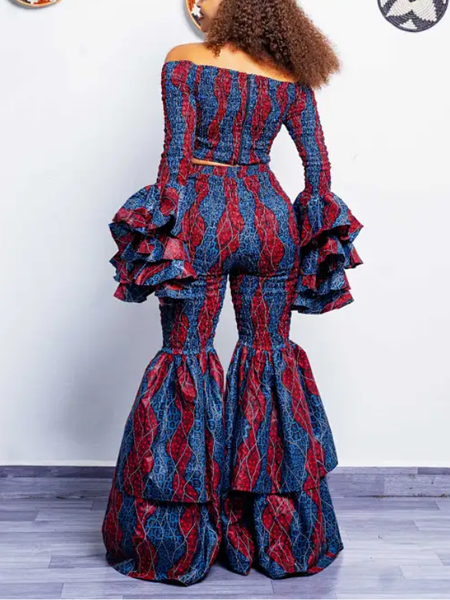 Printed Off-Shoulder Crop Top & Bell Pants