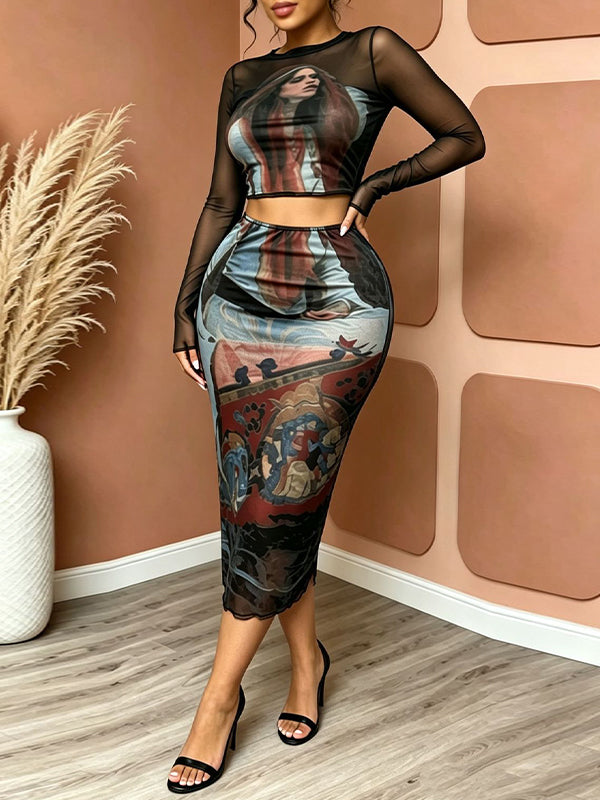 Printed Mesh Top & Skirt Set