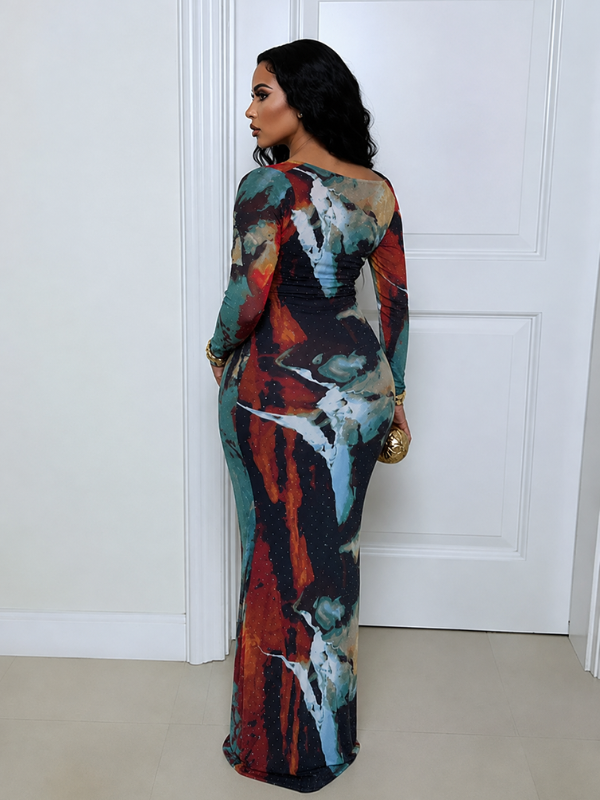 Printed Boat-Neck Maxi Dress
