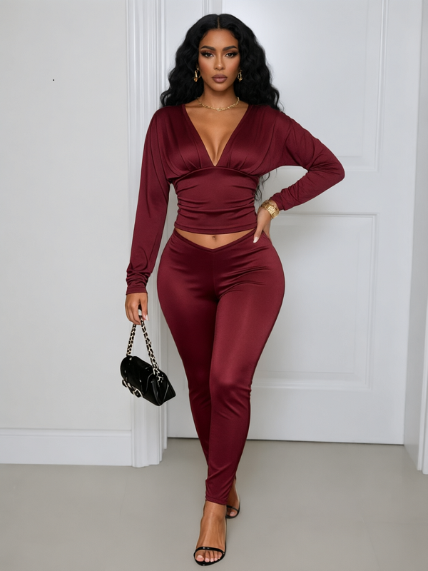 Solid V-Neck Top & Pants Set