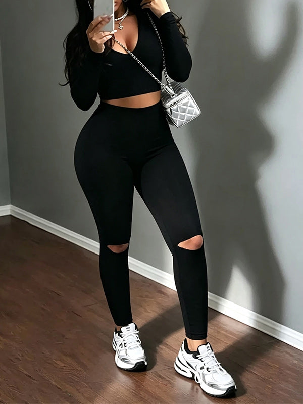 Solid Hooded Top & Ripped Pants Set