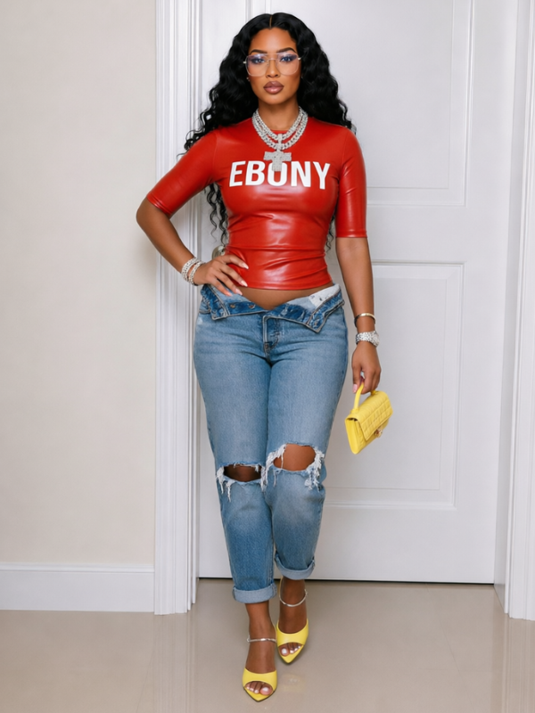 Letter-Print Faux-Leather Top