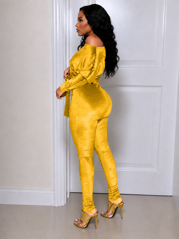 Velvet Boat-Neck Tied Jumpsuit