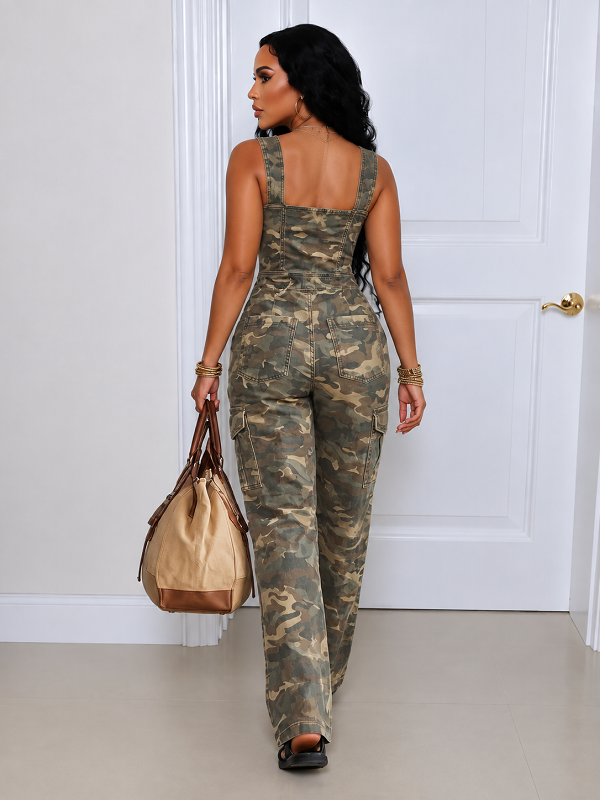 Camo Cargo Zip Front Jumpsuit