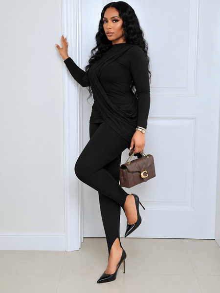 Solid Ruched Top & Skinny Pants Set
