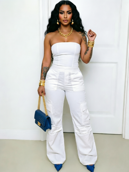 Solid Strapless Cargo Jumpsuit