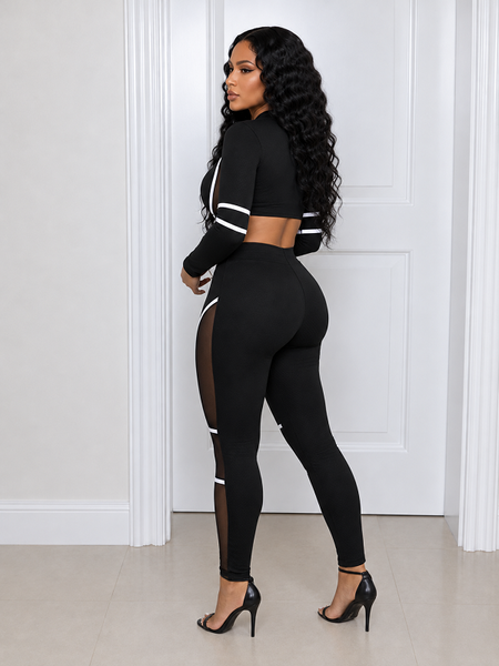 Patchwork Cropped Top & High‑Waist Pants Set
