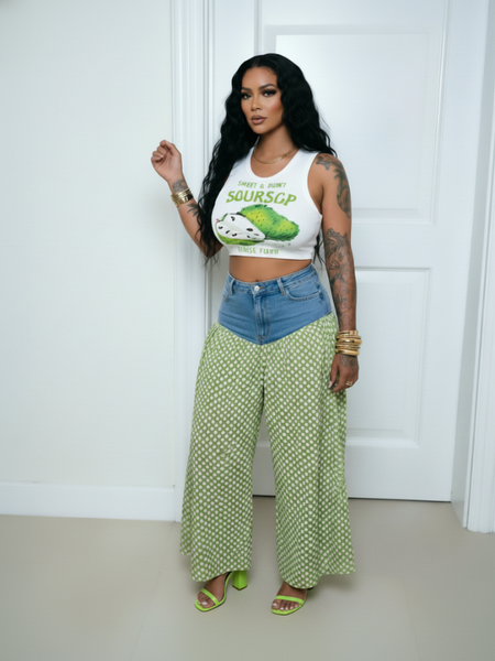 Denim Combo Dot Wide-Leg Pants