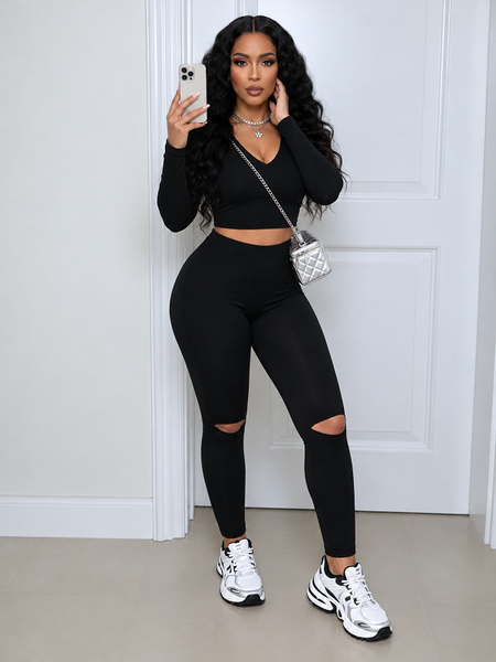 Solid Hooded Top & Ripped Pants Set