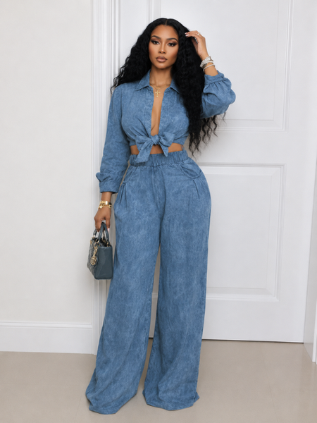 Tied Shirt & Wide-Leg Pants Set