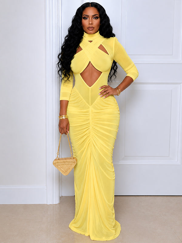 Solid Cutout Ruched Maxi Dress
