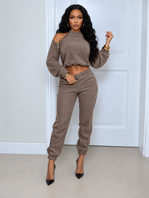 Solid Zip-up Crop Top & Pants Set