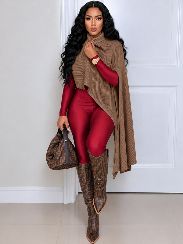 Asymmetric Turtleneck Knit Cape