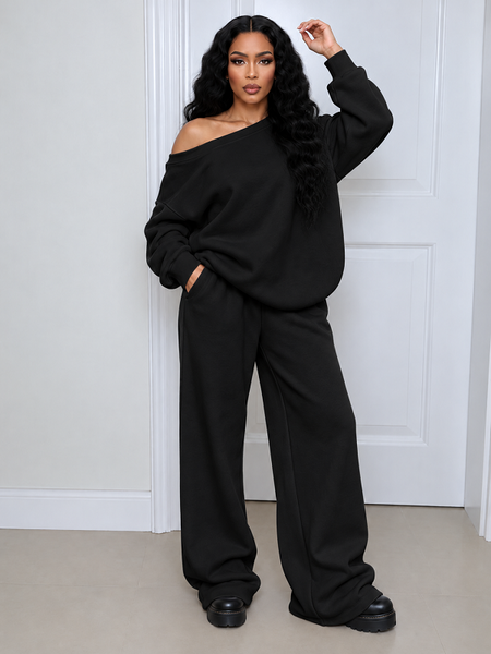 Solid Boat Neck Top & Pants Set