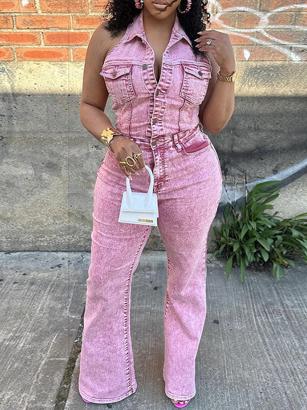 Morchique Button-Front Halter Denim Jumpsuit