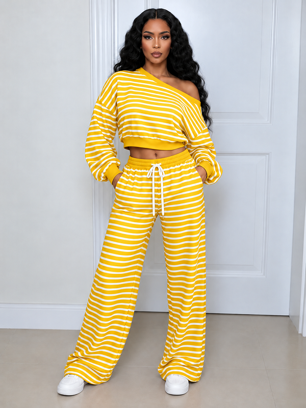 Striped Boat-Neck Cropped Top & Pants Set