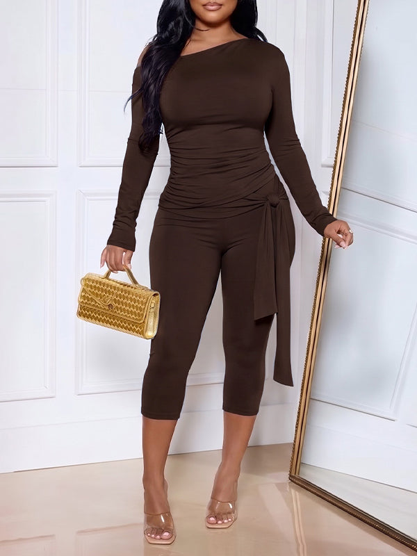 Solid Ruched Top & Tie Capri Pants Set