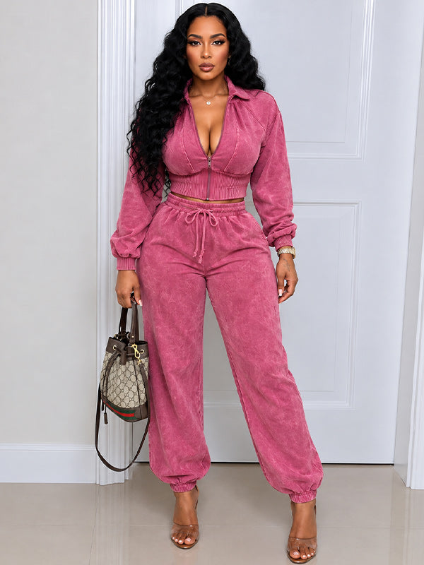 Solid Cropped Top & Drawstring Pants Set