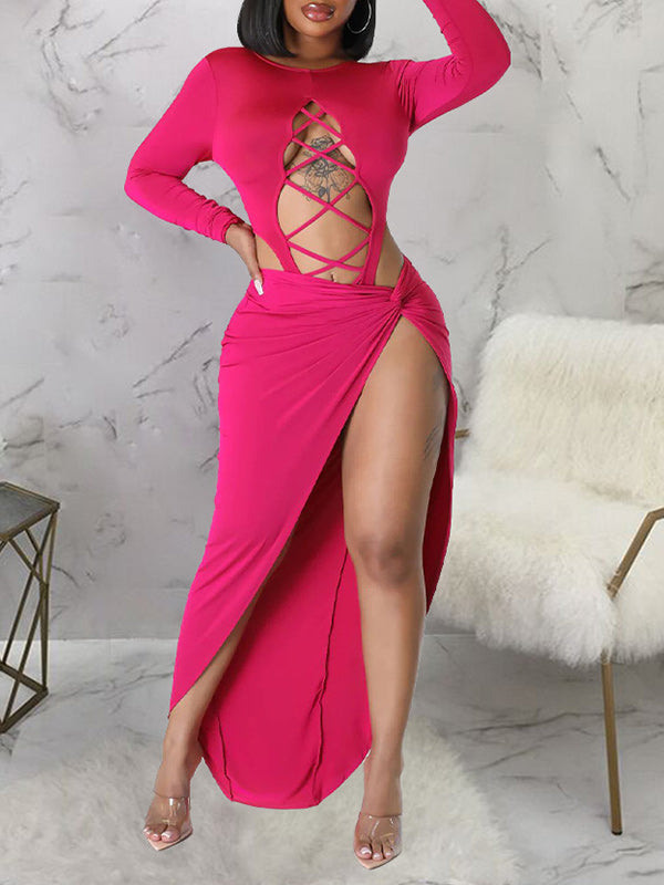 Solid Lace-UP Top  & High Slit Skirt Set