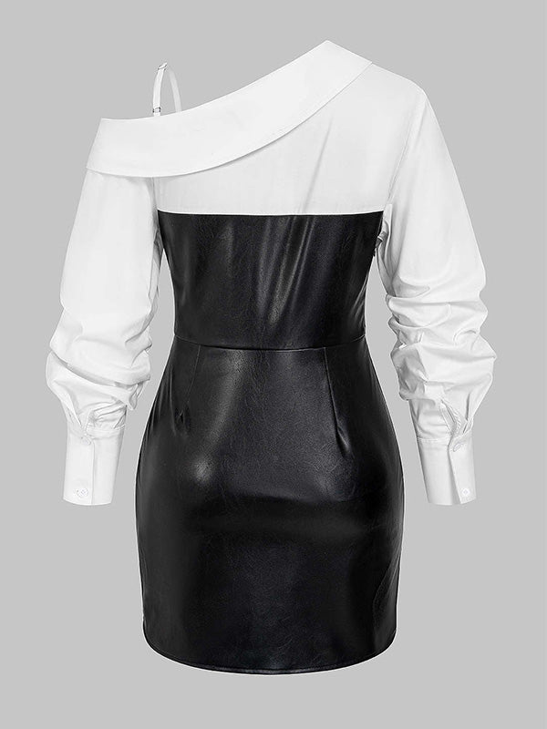 Asymmetrical Ruched Faux-Leather Combo Mini Dress